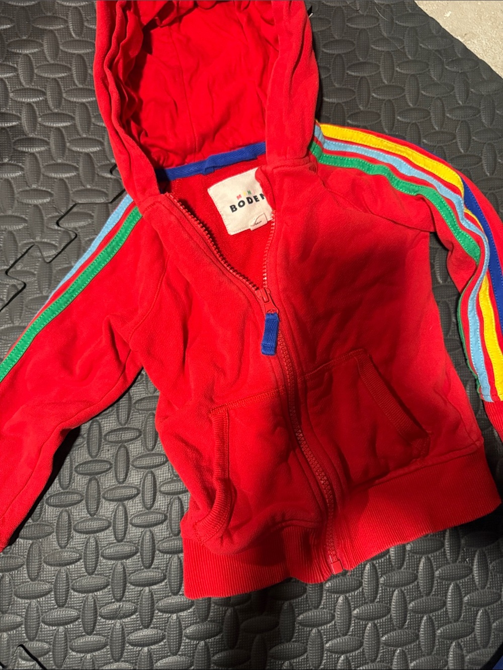 Boden Red Kids Hooded Zip Sweatshirt with Rainbow Shoulder Stripes 2-3